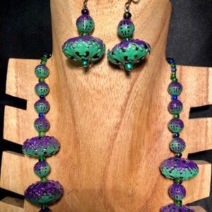 Green/Purple Lacy Metal Bead Necklace Earring Set